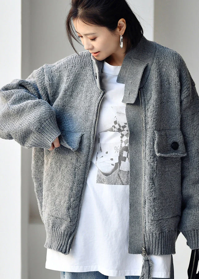 Brief Grey Stand Collar Zippered Button Cotton Knit Sweaters Coats Fall - republicanstateiBrief Grey Stand Collar Zippered Button Cotton Knit Sweaters Coats Fall - republicanstatei