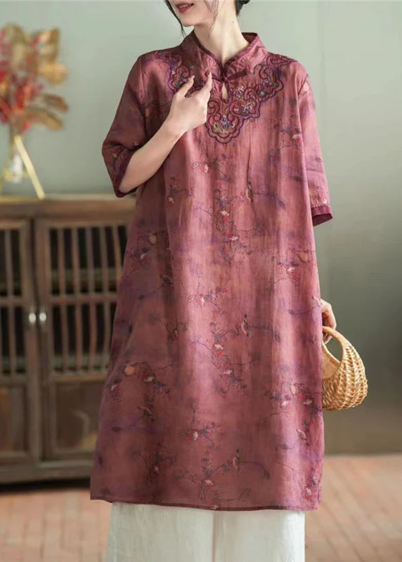 Loose Khaki Stand Collar Embroideried Button Ramie Maxi Dress Half Sleeve - republicanstateiLoose Khaki Stand Collar Embroideried Button Ramie Maxi Dress Half Sleeve - republicanstatei