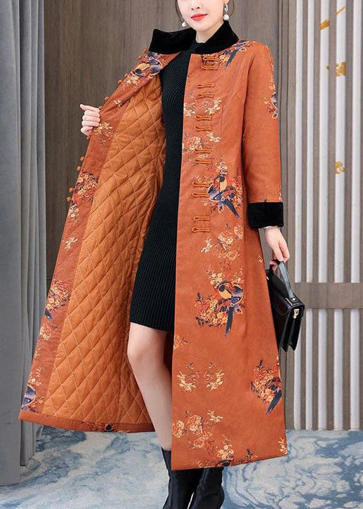 Chinese Style Orange Stand Collar Print Fine Cotton Filled Coats Winter - republicanstateiChinese Style Orange Stand Collar Print Fine Cotton Filled Coats Winter - republicanstatei