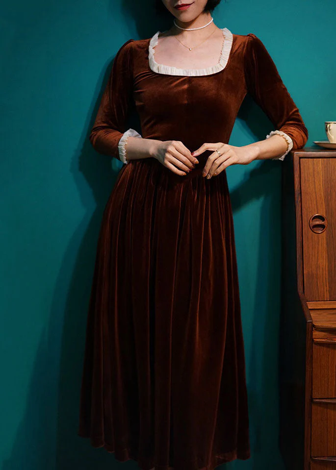 Elegant Dark Orange Square Collar Patchwork Silk Velour Long Dress Spring - republicanstateiElegant Dark Orange Square Collar Patchwork Silk Velour Long Dress Spring - republicanstatei