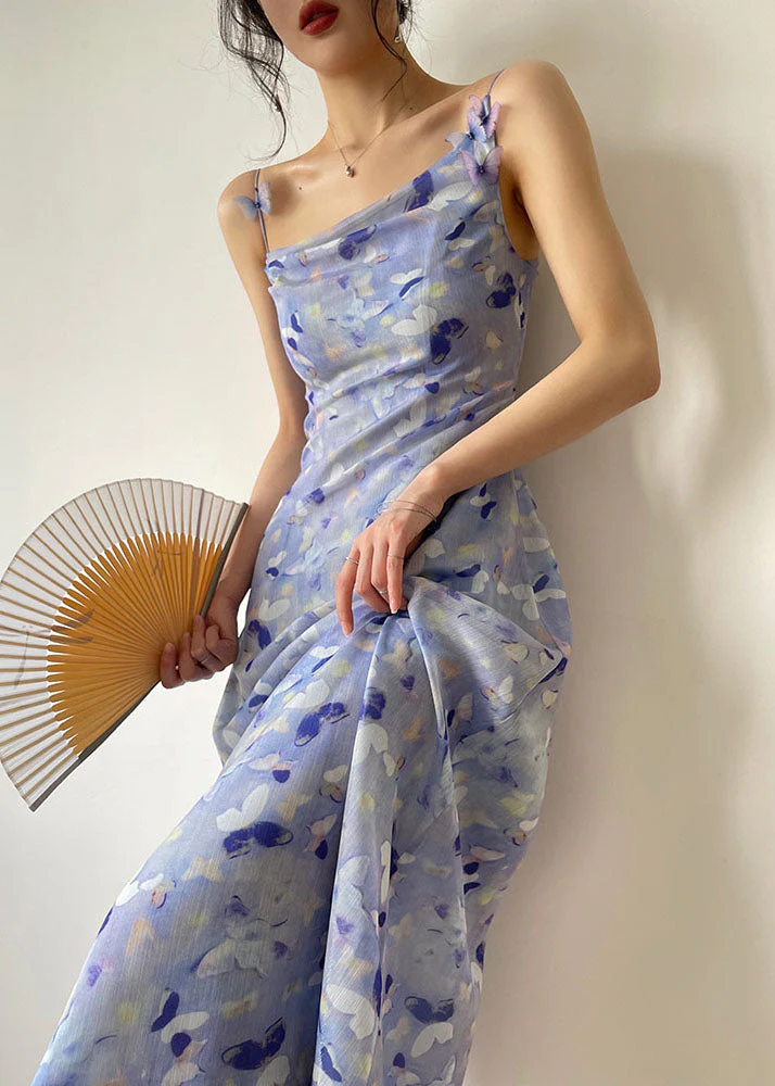 Beautiful Blue Floral Print Slim Fit Chiffon Holiday Spaghetti Strap Dress Summer - republicanstateiBeautiful Blue Floral Print Slim Fit Chiffon Holiday Spaghetti Strap Dress Summer - republicanstatei