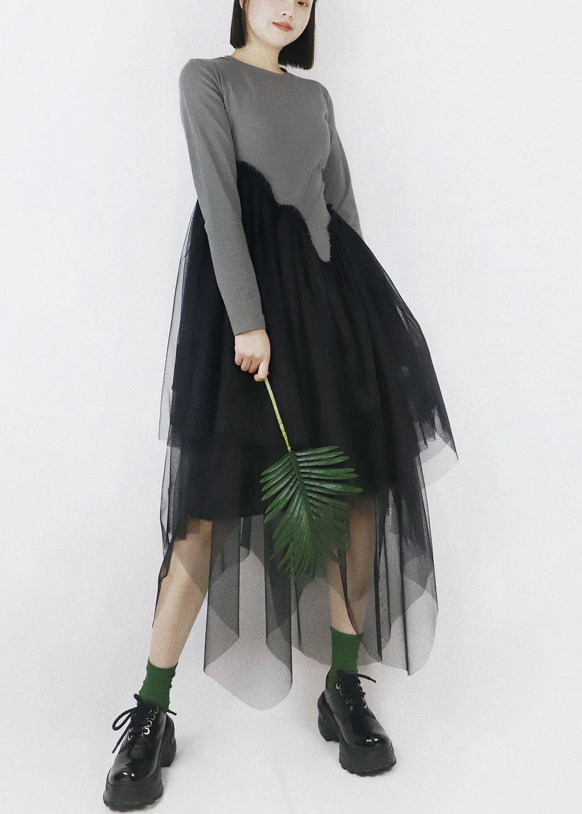 Diy Grey O-Neck Tulle Patchwork Asymmetrical Design Cotton Vacation Dresses Long Sleeve - republicanstateiDiy Grey O-Neck Tulle Patchwork Asymmetrical Design Cotton Vacation Dresses Long Sleeve - republicanstatei