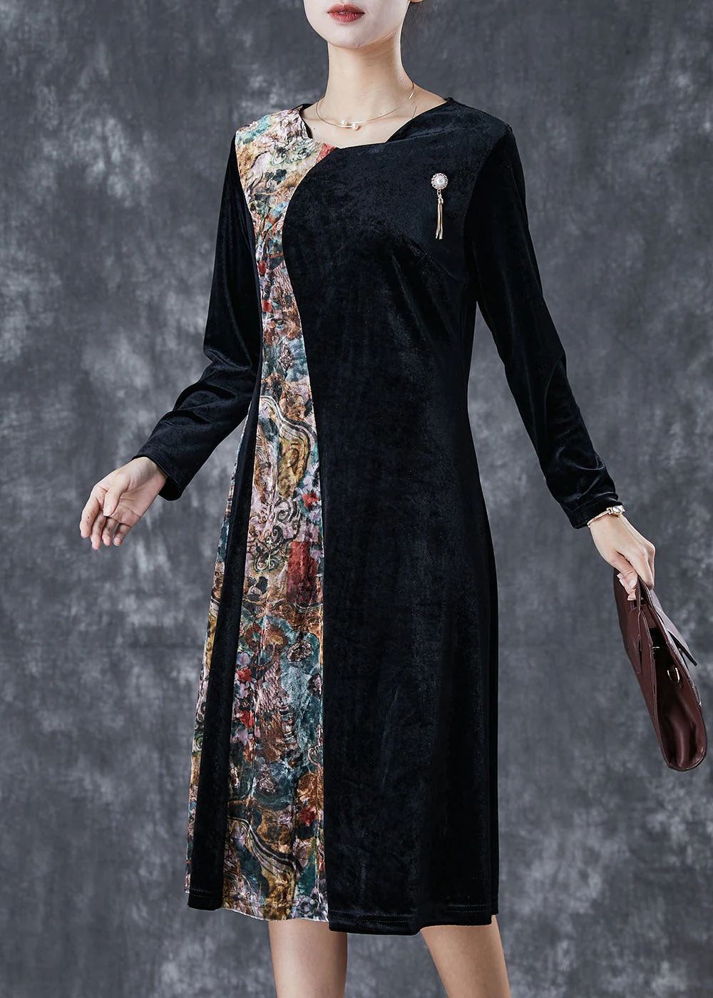 Beautiful Black Exra Large Hem Patchwork Silk Velour Vacation Dresses Fall - republicanstateiBeautiful Black Exra Large Hem Patchwork Silk Velour Vacation Dresses Fall - republicanstatei