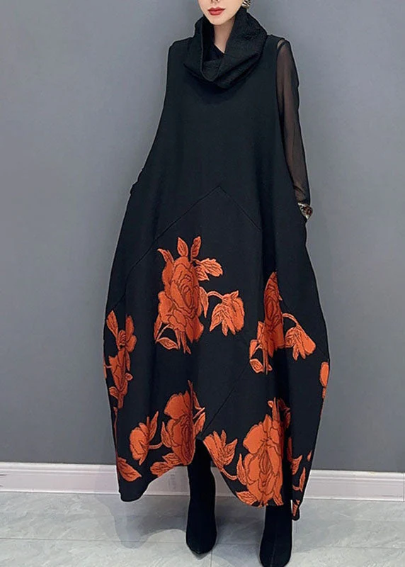 Fine Black Patchwork Orange Turtleneck Print Tulle Patchwork Knit Long Dresses Long Sleeve - republicanstateiFine Black Patchwork Orange Turtleneck Print Tulle Patchwork Knit Long Dresses Long Sleeve - republicanstatei