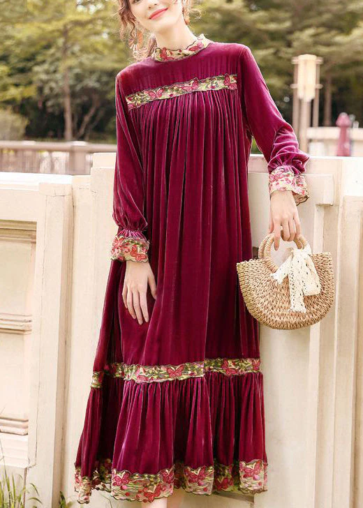Style Purple Stand Collar Patchwork Embroideried Silk Velour Robe Dresses Spring - republicanstateiStyle Purple Stand Collar Patchwork Embroideried Silk Velour Robe Dresses Spring - republicanstatei