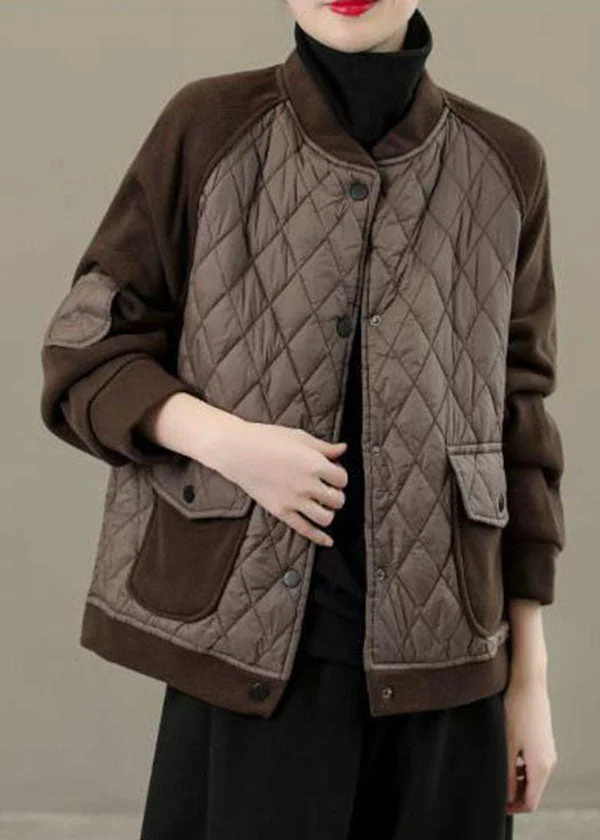 Classy Chocolate Stand Collar Pockets Patchwork Fine Cotton Filled Jackets Winter - republicanstateiClassy Chocolate Stand Collar Pockets Patchwork Fine Cotton Filled Jackets Winter - republicanstatei