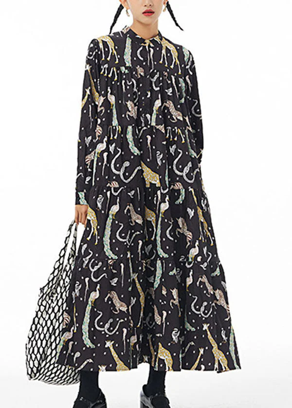 Women Black Stand Collar Animal Print Patchwork Cotton Shirts Dress Spring - republicanstateiWomen Black Stand Collar Animal Print Patchwork Cotton Shirts Dress Spring - republicanstatei