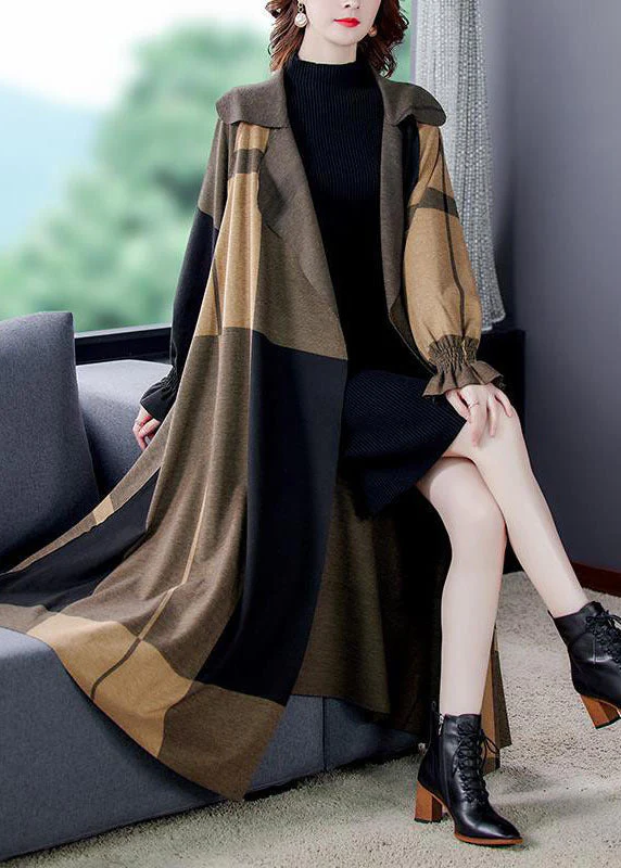 Fashion Khaki Peter Pan Collar Pockets Plaid Spandex Coat Outwear Long Sleeve - republicanstateiFashion Khaki Peter Pan Collar Pockets Plaid Spandex Coat Outwear Long Sleeve - republicanstatei
