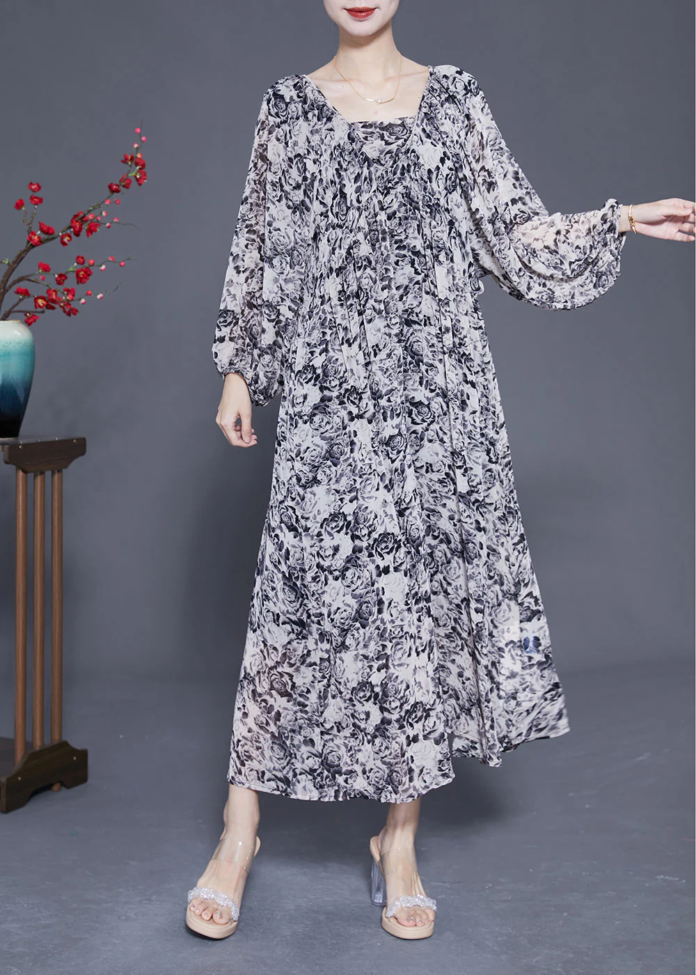 French Black Square Collar Oversized Print Chiffon Long Dress Lantern Sleeve - republicanstateiFrench Black Square Collar Oversized Print Chiffon Long Dress Lantern Sleeve - republicanstatei