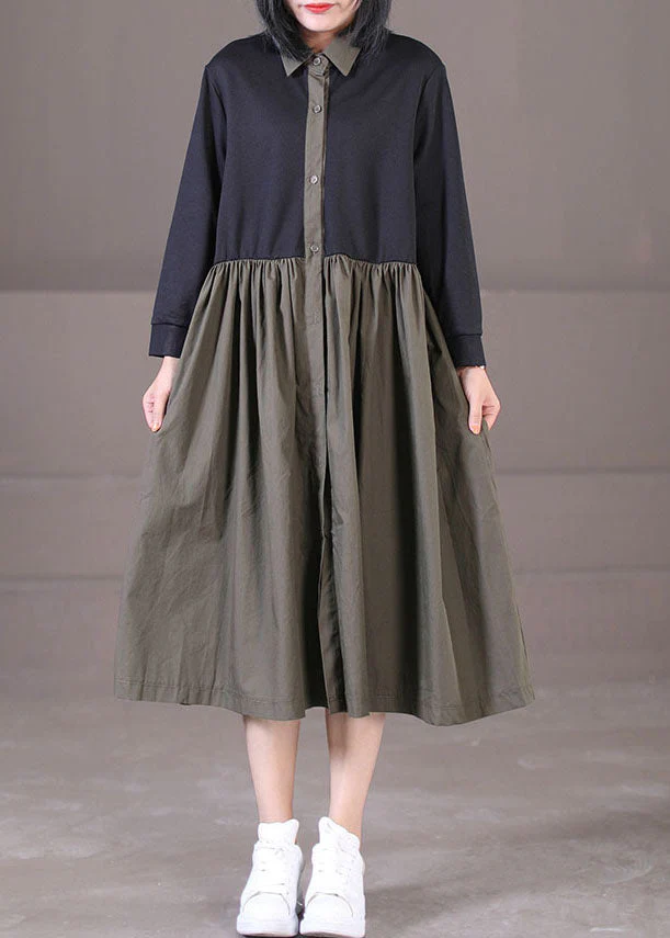 French Army Green Peter Pan Collar Patchwork Wrinkled Cotton Dresses Long Sleeve - republicanstateiFrench Army Green Peter Pan Collar Patchwork Wrinkled Cotton Dresses Long Sleeve - republicanstatei