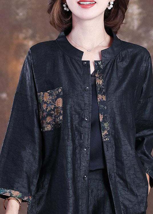 Plus Size Black Stand Collar Wrinkled Patchwork Silk Coats Bracelet Sleeve - republicanstateiPlus Size Black Stand Collar Wrinkled Patchwork Silk Coats Bracelet Sleeve - republicanstatei