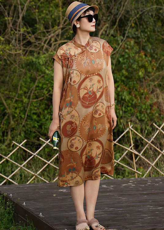 Original Design Khaki Mandarin Collar Print Side Open 2024 Silk Dresses Sleeveless - republicanstateiOriginal Design Khaki Mandarin Collar Print Side Open 2024 Silk Dresses Sleeveless - republicanstatei