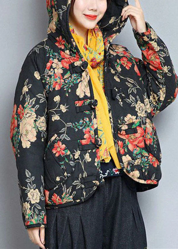 Art Black Hooded Pockets Print Fine Cotton Filled Womens Coats Winter - republicanstateiArt Black Hooded Pockets Print Fine Cotton Filled Womens Coats Winter - republicanstatei