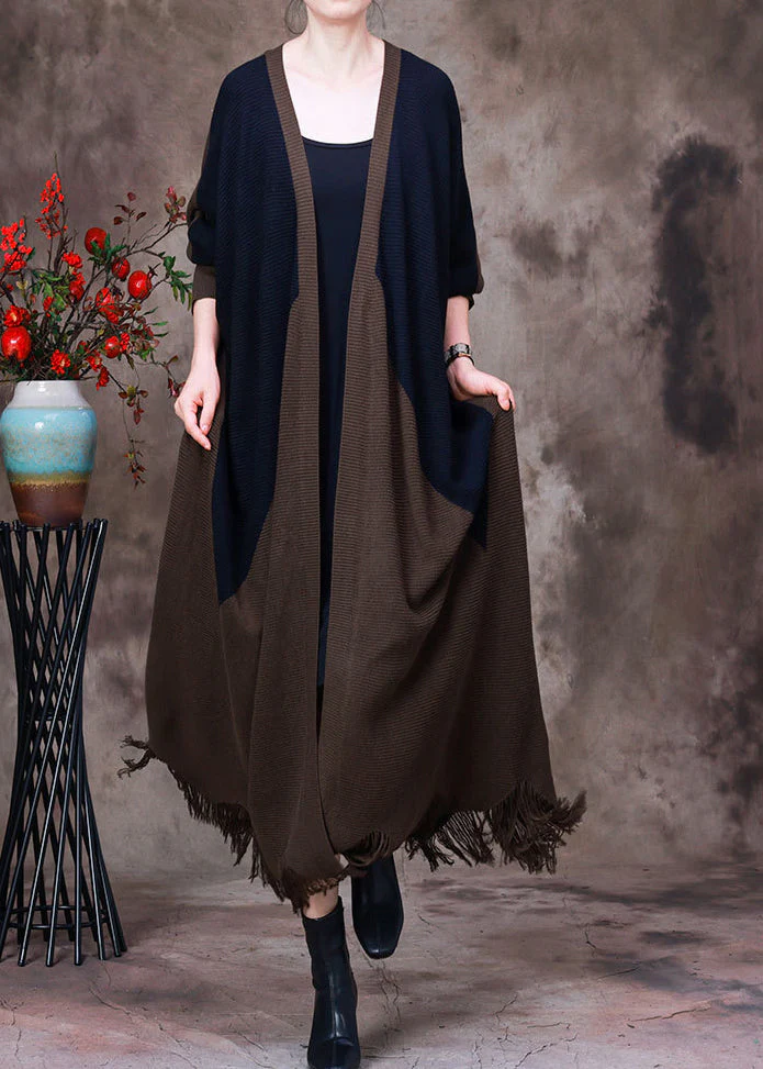 Fine Dark Chocolate Patchwork Black V Neck Tassel Knit Wool Coat Long Sleeve - republicanstateiFine Dark Chocolate Patchwork Black V Neck Tassel Knit Wool Coat Long Sleeve - republicanstatei