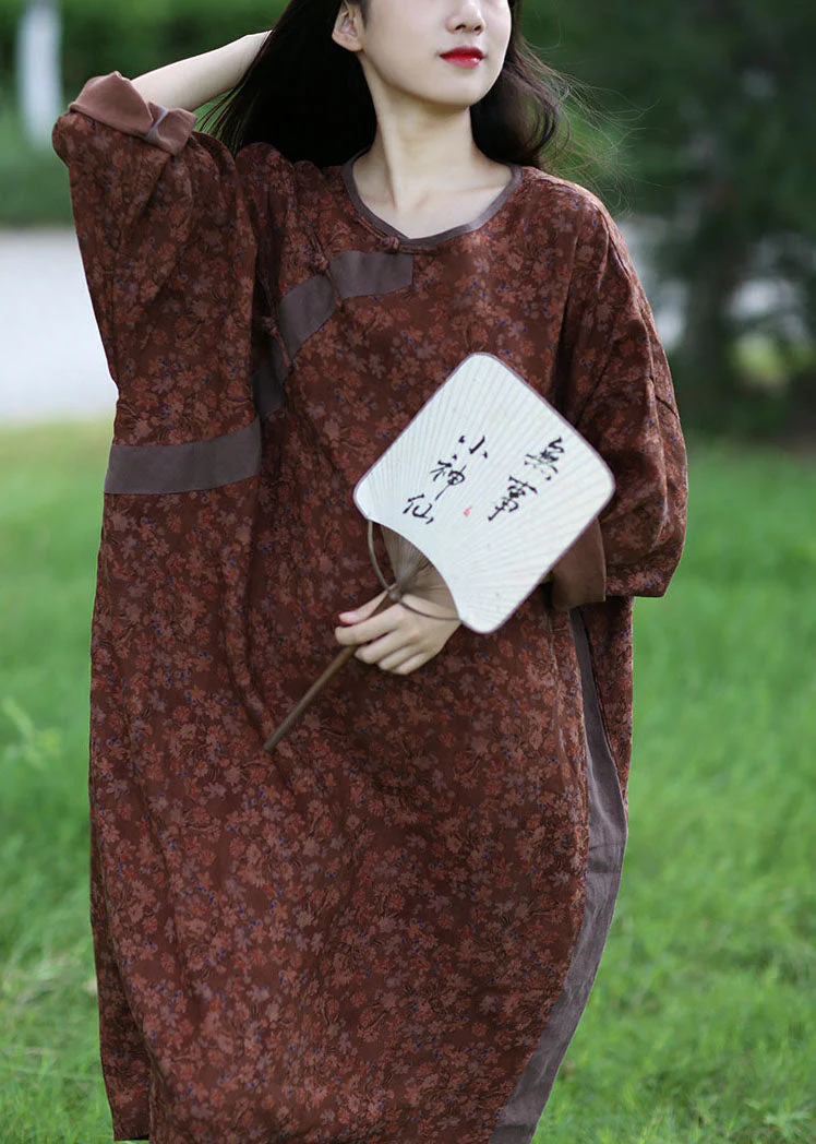 Italian Brown O-Neck Oversized Patchwork Print Linen Vacation Dresses Spring - republicanstateiItalian Brown O-Neck Oversized Patchwork Print Linen Vacation Dresses Spring - republicanstatei