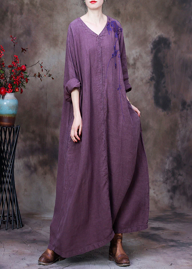 Vintage Llight Purple V Neck Asymmetrical Patchwork Linen Ankle Dress Long - republicanstateiVintage Llight Purple V Neck Asymmetrical Patchwork Linen Ankle Dress Long - republicanstatei