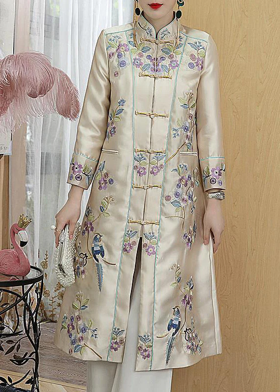 Vogue Champagne Stand Collar Embroideried Floral Bird Button Pockets Satin Coats Long Sleeve - republicanstateiVogue Champagne Stand Collar Embroideried Floral Bird Button Pockets Satin Coats Long Sleeve - republicanstatei