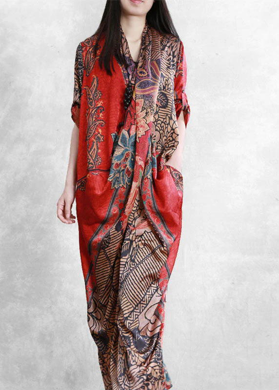 Women Red Asymmetrical Pockets Print Patchwork Silk Long Dress Summer - republicanstateiWomen Red Asymmetrical Pockets Print Patchwork Silk Long Dress Summer - republicanstatei