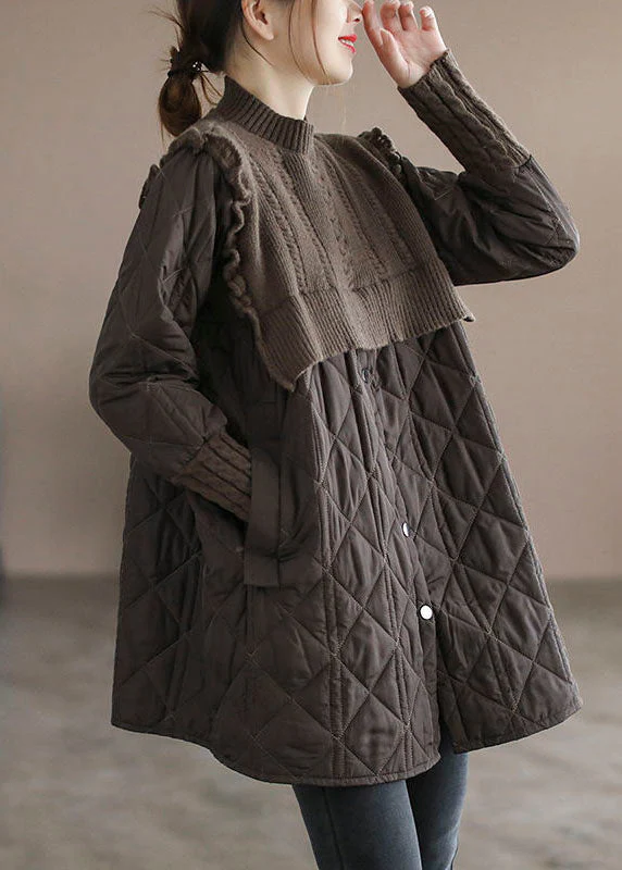 Chocolate Patchwork Fine Cotton Filled Coats Stand Collar Ruffled Winter - republicanstateiChocolate Patchwork Fine Cotton Filled Coats Stand Collar Ruffled Winter - republicanstatei