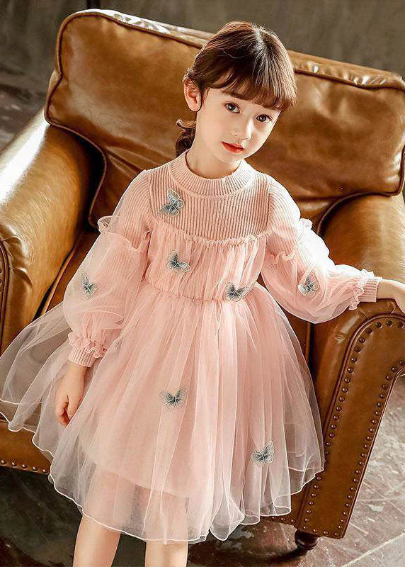 Style Red Butterfly Embroideried Knit Patchwork Tulle Kids Long Dresses Long Sleeve - republicanstateiStyle Red Butterfly Embroideried Knit Patchwork Tulle Kids Long Dresses Long Sleeve - republicanstatei