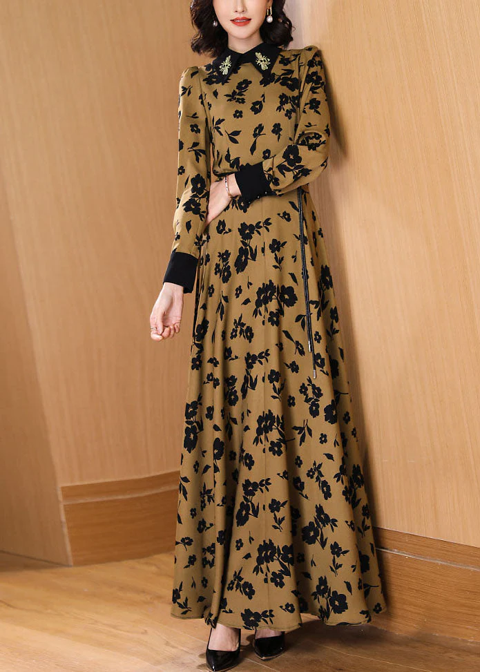 Fashion Peter Pan Collar Print High Waist Tie Waist Chiffon Maxi Dresses Fall - republicanstateiFashion Peter Pan Collar Print High Waist Tie Waist Chiffon Maxi Dresses Fall - republicanstatei