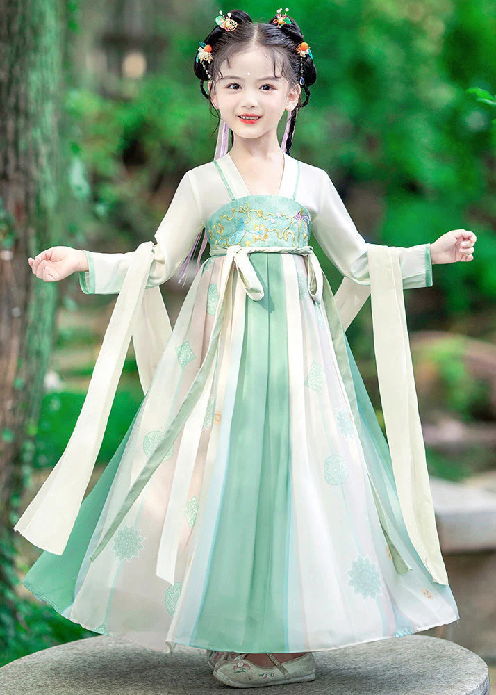 Fashion Green Embroideried Patchwork Tie Waist Kids Girls Long Dress Long Sleeve - republicanstateiFashion Green Embroideried Patchwork Tie Waist Kids Girls Long Dress Long Sleeve - republicanstatei