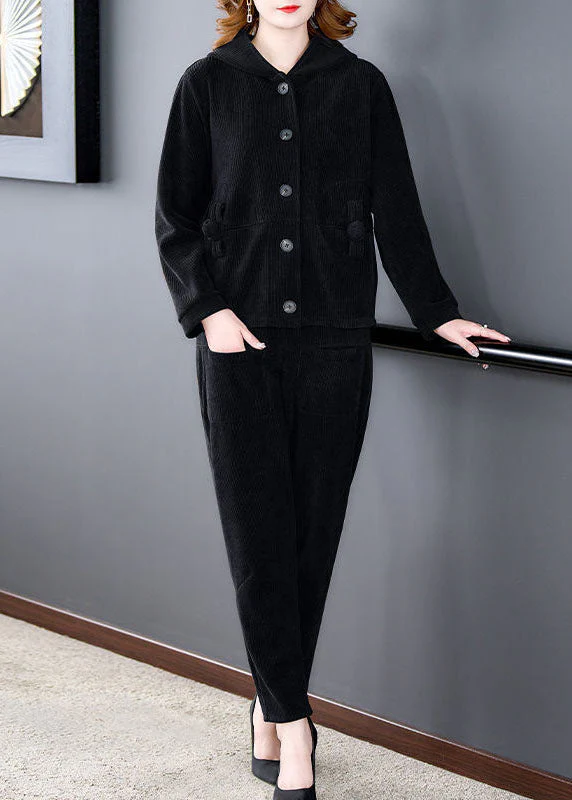 Vintage Black Hooded Solid Color Corduroy Coats And Harem Pants Two Pieces Set Winter - republicanstateiVintage Black Hooded Solid Color Corduroy Coats And Harem Pants Two Pieces Set Winter - republicanstatei