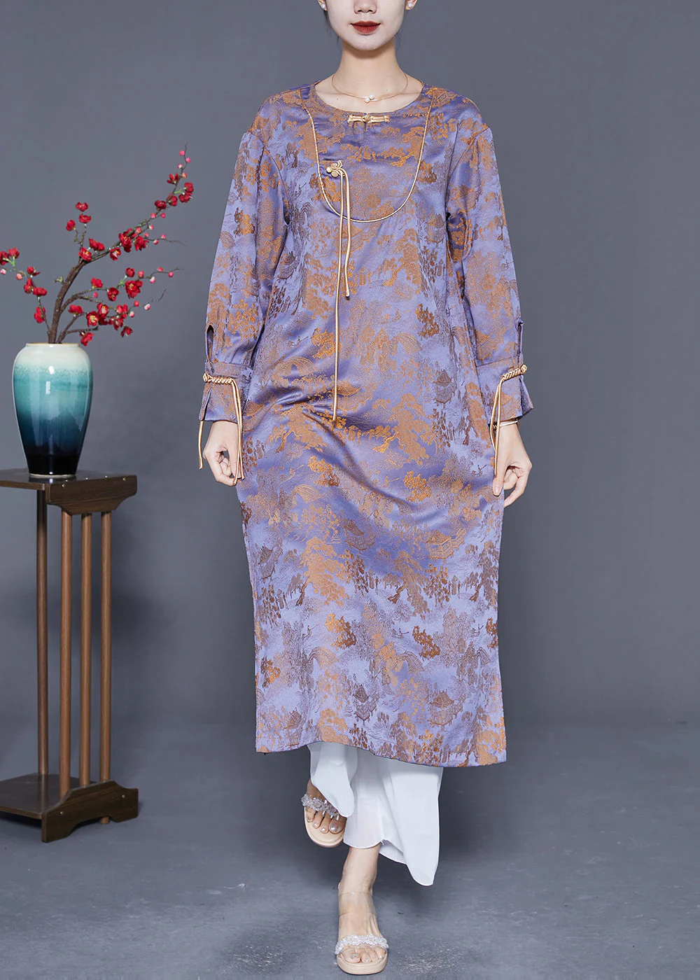 Vintage Purple Chinese Button Tassel Jacquard Silk Long Dresses Spring - republicanstateiVintage Purple Chinese Button Tassel Jacquard Silk Long Dresses Spring - republicanstatei