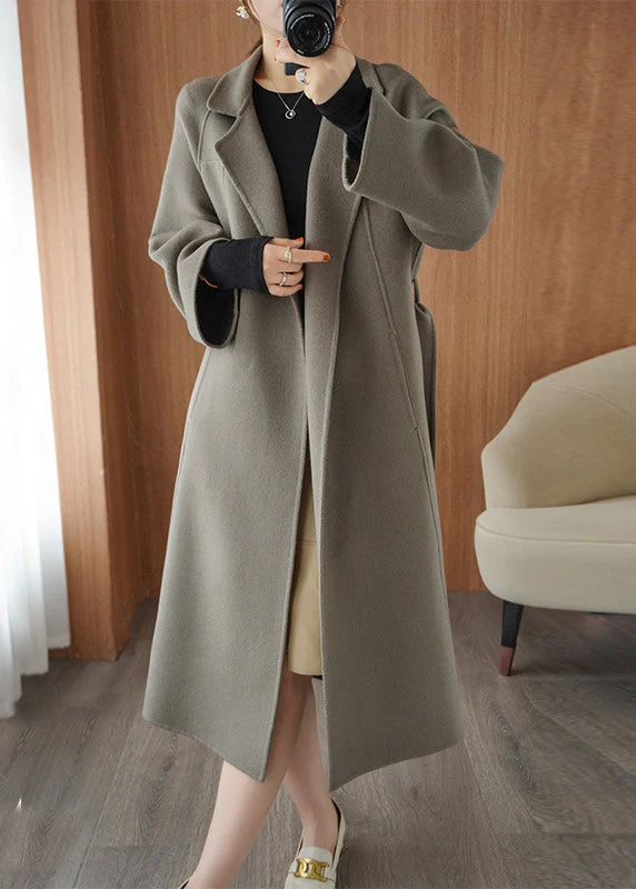 Loose Grey Chocolate Colour Notched Tie Waist Woolen Long Coats Fall - republicanstateiLoose Grey Chocolate Colour Notched Tie Waist Woolen Long Coats Fall - republicanstatei