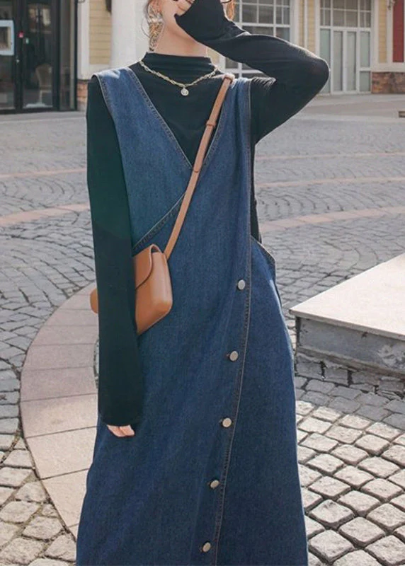 Handmade Blue V Neck Asymmetrical Design Patchwork Denim Maxi Dresses Fall - republicanstateiHandmade Blue V Neck Asymmetrical Design Patchwork Denim Maxi Dresses Fall - republicanstatei