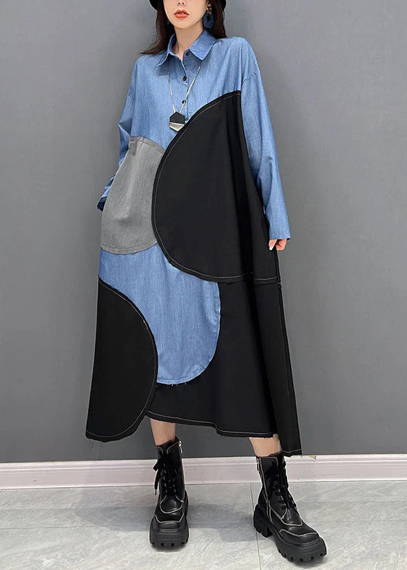 Plus Size Blue Black Patchwork Asymmetrical Design Cotton Loose Dress Fall - republicanstateiPlus Size Blue Black Patchwork Asymmetrical Design Cotton Loose Dress Fall - republicanstatei