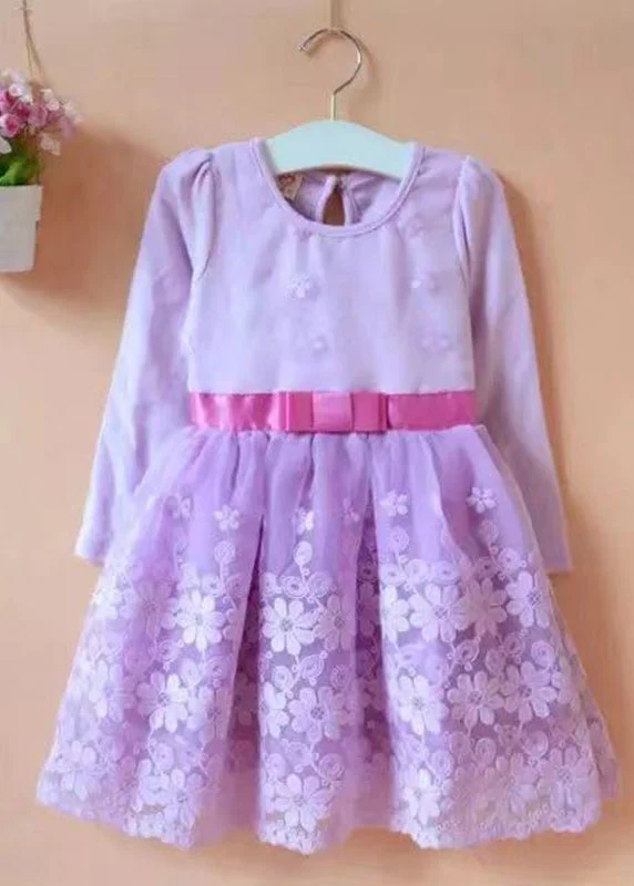 Chic Purple O-Neck Embroideried Floral Patchwork Tie Waist Tulle Kids Mid Dress Long Sleeve - republicanstateiChic Purple O-Neck Embroideried Floral Patchwork Tie Waist Tulle Kids Mid Dress Long Sleeve - republicanstatei