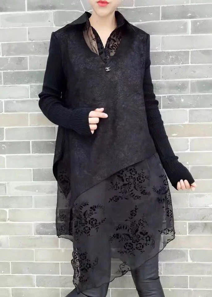 Natural Black Peter Pan Collar Asymmetrical Print Knit Patchwork Chiffon Mid Dress Long Sleeve - republicanstateiNatural Black Peter Pan Collar Asymmetrical Print Knit Patchwork Chiffon Mid Dress Long Sleeve - republicanstatei