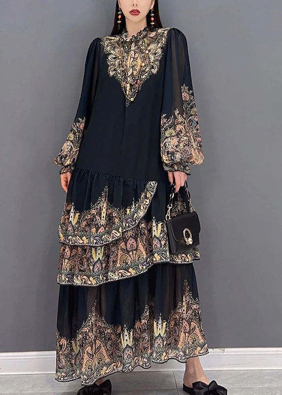 Beautiful Black Stand Collar Ruffled layered Print Chiffon Long Dress lantern sleeve - republicanstateiBeautiful Black Stand Collar Ruffled layered Print Chiffon Long Dress lantern sleeve - republicanstatei