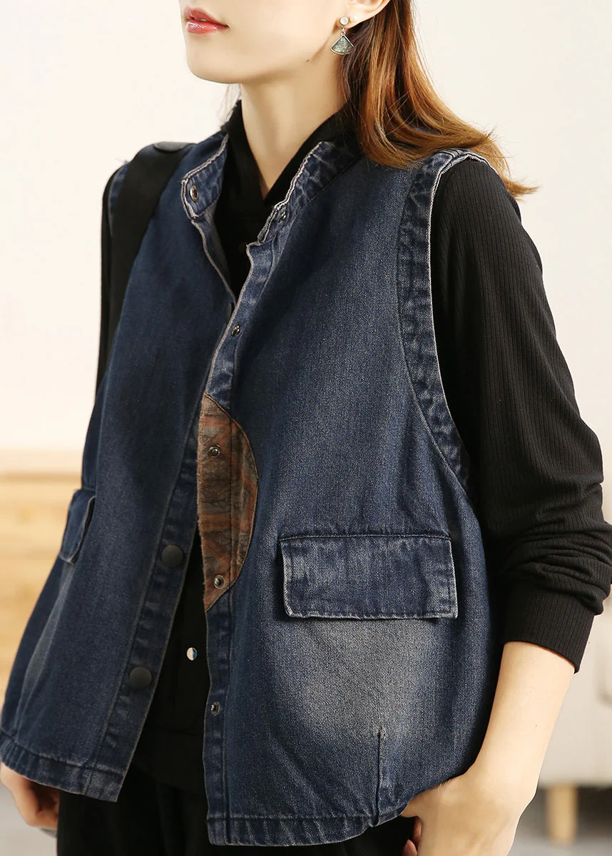 Loose Blue Stand Collar Print Button Pockets Cotton Waistcoat Sleeveless - republicanstateiLoose Blue Stand Collar Print Button Pockets Cotton Waistcoat Sleeveless - republicanstatei