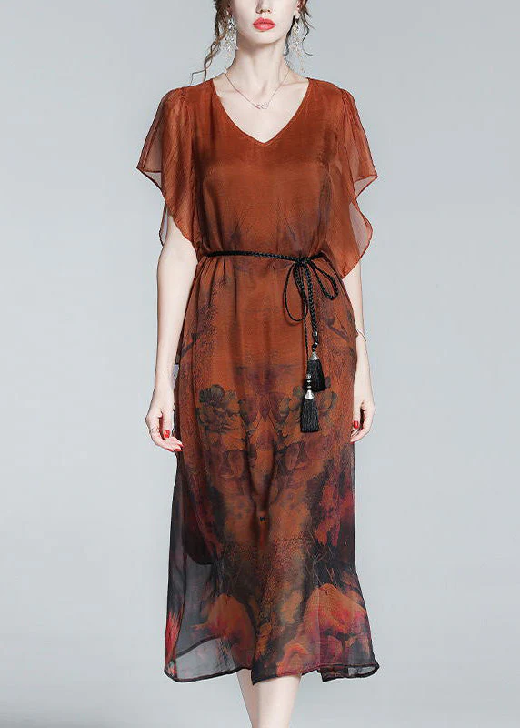 Style Orange O-Neck Print Tie Waist Silk Holiday Long Dress Short Sleeve - republicanstateiStyle Orange O-Neck Print Tie Waist Silk Holiday Long Dress Short Sleeve - republicanstatei