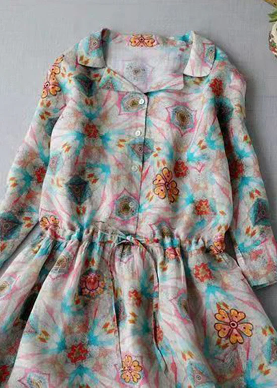 Modern Peter Pan Collar drawstring Button Print Linen Dress Three Quarter sleeve - republicanstateiModern Peter Pan Collar drawstring Button Print Linen Dress Three Quarter sleeve - republicanstatei