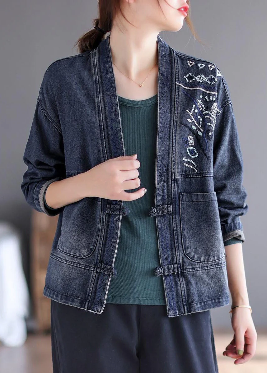 Fashion Blue V Neck Embroideried Patchwork Button Pockets Cotton Denim Coat Long Sleeve - republicanstateiFashion Blue V Neck Embroideried Patchwork Button Pockets Cotton Denim Coat Long Sleeve - republicanstatei