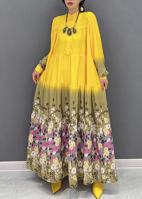 Fashion Yellow Stand Collar Print Patchwork Vacation Long Dresses Spring - republicanstateiFashion Yellow Stand Collar Print Patchwork Vacation Long Dresses Spring - republicanstatei