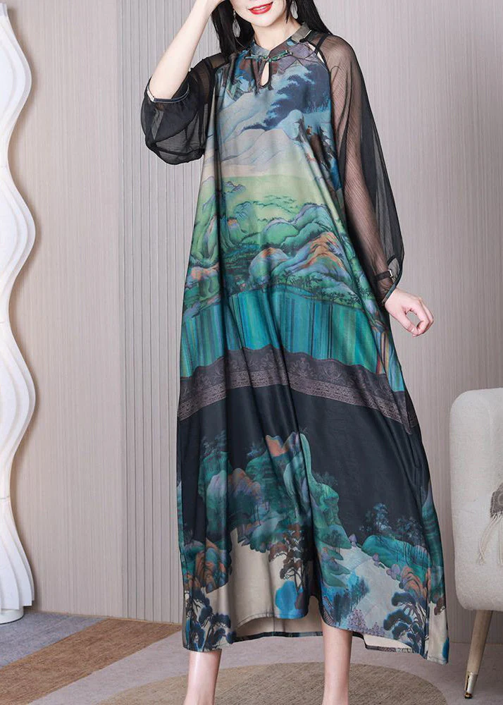 Chinese Style Green Mandarin Collar Print Hollow Out Silk Dresses Summer - republicanstateiChinese Style Green Mandarin Collar Print Hollow Out Silk Dresses Summer - republicanstatei