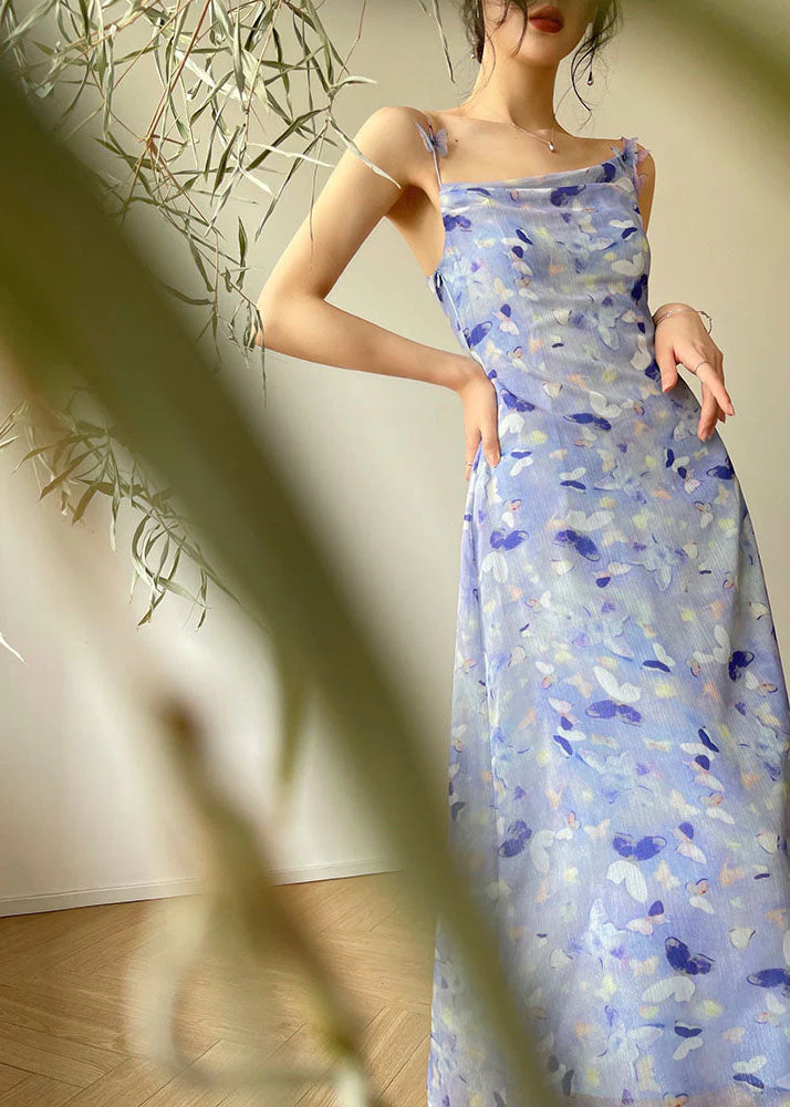 Beautiful Blue Floral Print Slim Fit Chiffon Holiday Spaghetti Strap Dress Summer - republicanstateiBeautiful Blue Floral Print Slim Fit Chiffon Holiday Spaghetti Strap Dress Summer - republicanstatei