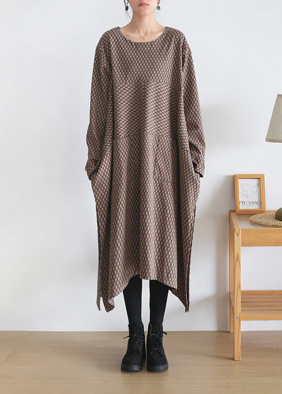Loose Chocolate Colour O-Neck Print Side Open Knit Cotton Maxi Dress Long Sleeve - republicanstateiLoose Chocolate Colour O-Neck Print Side Open Knit Cotton Maxi Dress Long Sleeve - republicanstatei