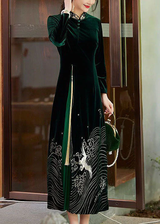 Boutique Green Tasseled Embroideried Patchwork Velour Dresses Spring - republicanstateiBoutique Green Tasseled Embroideried Patchwork Velour Dresses Spring - republicanstatei