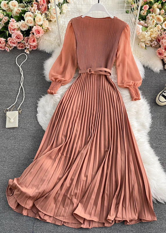 Plus Size Chocolate O-Neck Chiffon Sashes Long Pleated Dress Long Sleeve - republicanstateiPlus Size Chocolate O-Neck Chiffon Sashes Long Pleated Dress Long Sleeve - republicanstatei