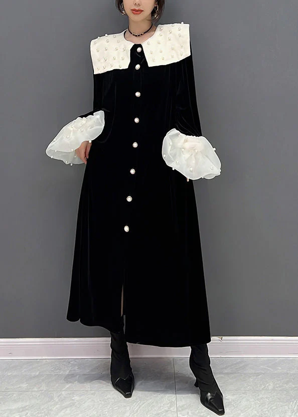 Novelty Black Peter Pan Collar Patchwork Nail Bead Button Velour Maxi Dress Fall - republicanstateiNovelty Black Peter Pan Collar Patchwork Nail Bead Button Velour Maxi Dress Fall - republicanstatei