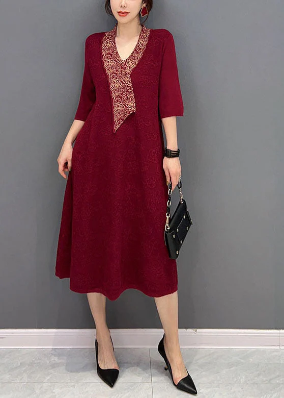 Beautiful Red V Neck Jacquard Slim Fit Cotton Holiday Dress Half Sleeve - republicanstateiBeautiful Red V Neck Jacquard Slim Fit Cotton Holiday Dress Half Sleeve - republicanstatei