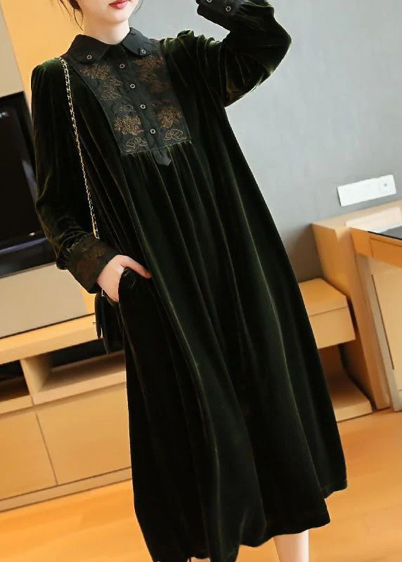 Plus Size Blackish Green Embroideried Patchwork Silk Velour Party Dress Spring - republicanstateiPlus Size Blackish Green Embroideried Patchwork Silk Velour Party Dress Spring - republicanstatei