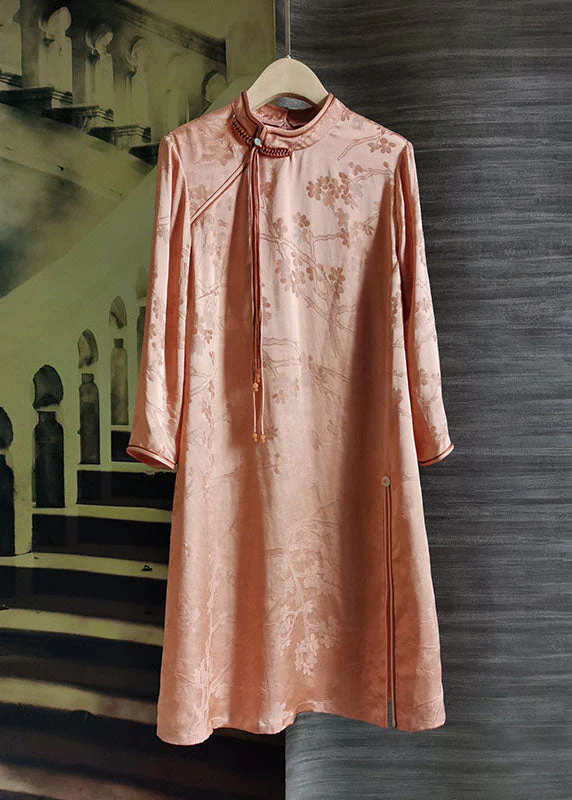 Women Pink Stand Collar Tasseled Patchwork Jacquard Silk Mid Dress Summer - republicanstateiWomen Pink Stand Collar Tasseled Patchwork Jacquard Silk Mid Dress Summer - republicanstatei