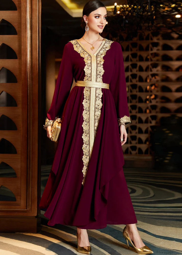Slim Fit Maroon Asymmetrical Design Lace Patchwork Chiffon Maxi Dresses Long Sleeve - republicanstateiSlim Fit Maroon Asymmetrical Design Lace Patchwork Chiffon Maxi Dresses Long Sleeve - republicanstatei