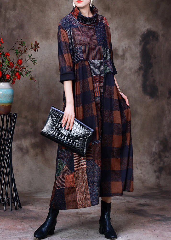Plus Size Chocolate Turtleneck Plaid Patchwork Velour Maxi Dress Long Sleeve - republicanstateiPlus Size Chocolate Turtleneck Plaid Patchwork Velour Maxi Dress Long Sleeve - republicanstatei